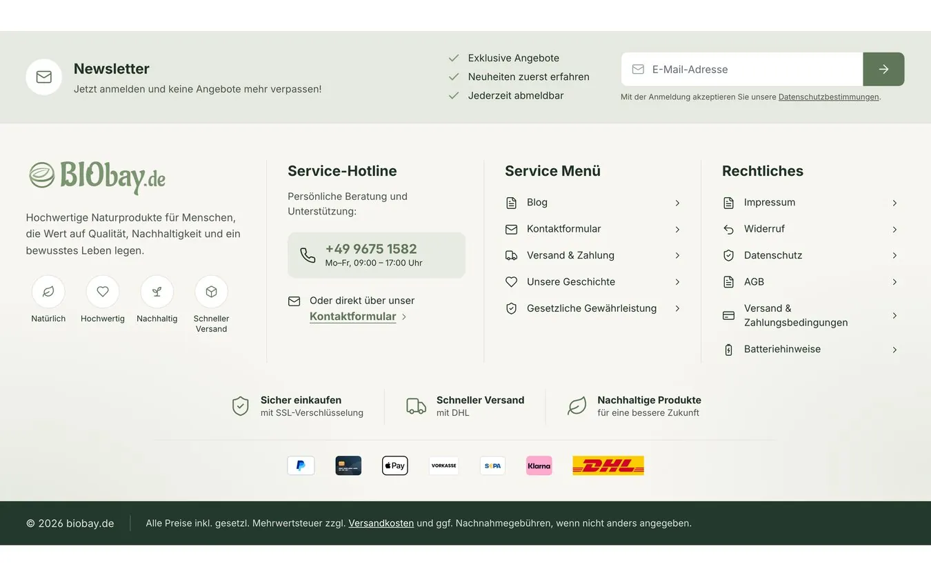 Seitenende nachher: Newsletter, Hotline, Menüs, Vertrauensleiste, Zahlungslogos