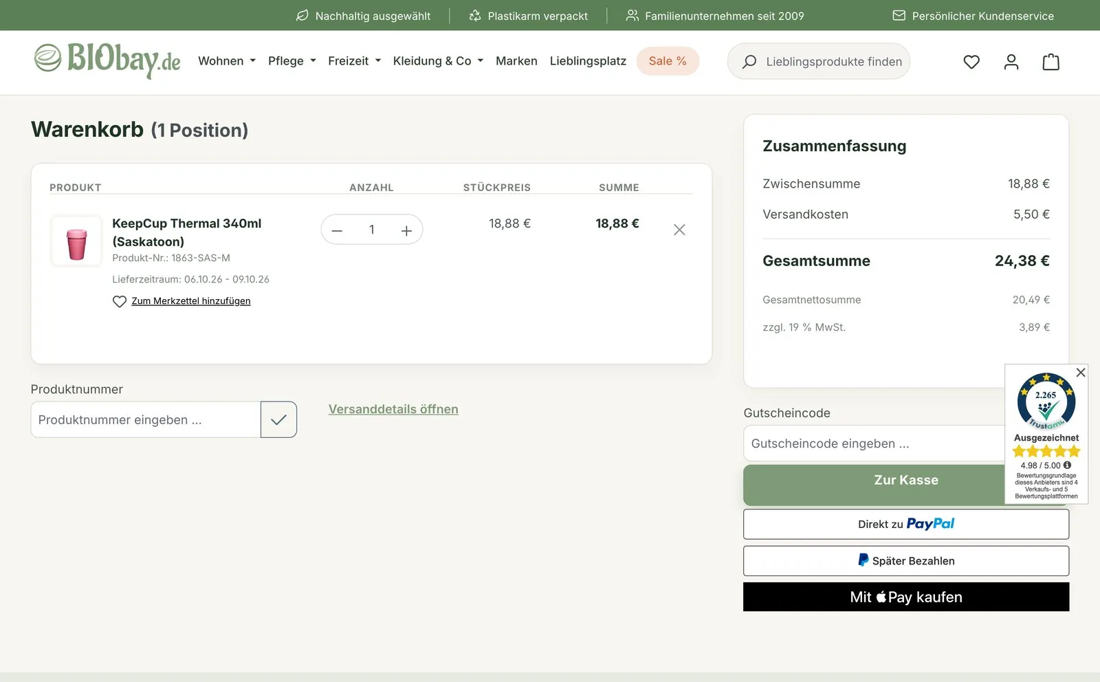 Warenkorb von biobay.de nach der Überarbeitung: Karte mit Produkt, mitlaufende Zusammenfassung, Express-Buttons