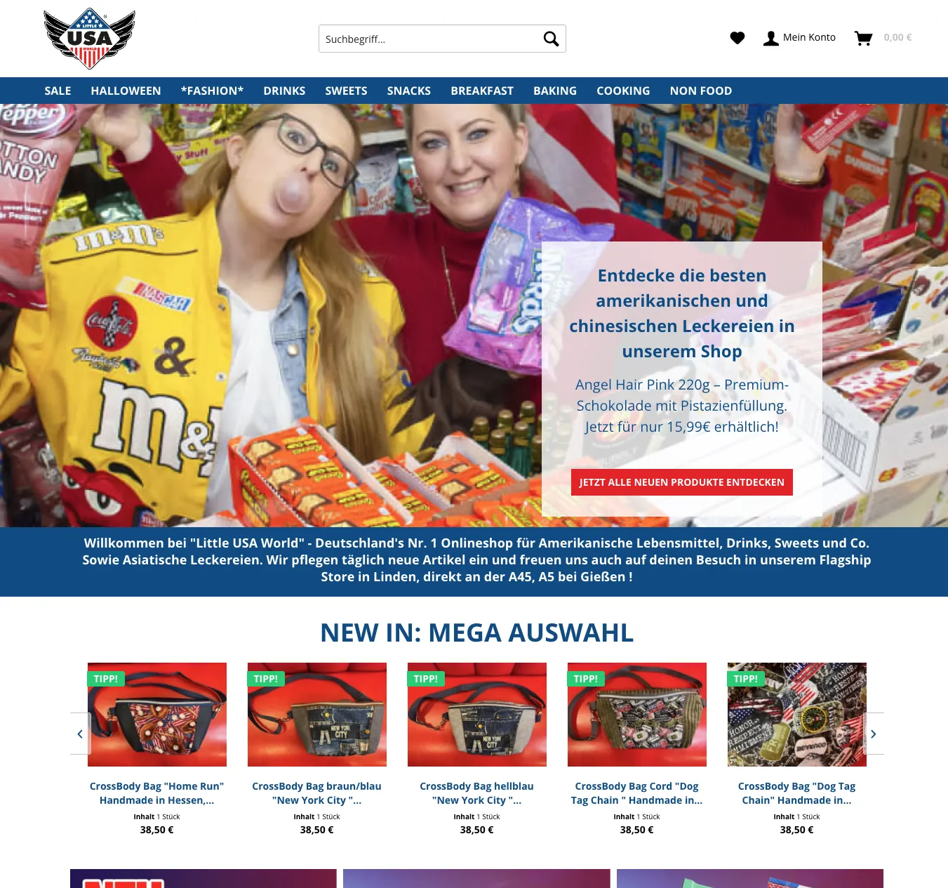 Bisherige Little-USA-World-Startseite mit blauem Kategorienmenü, großem Foto und Produktübersicht