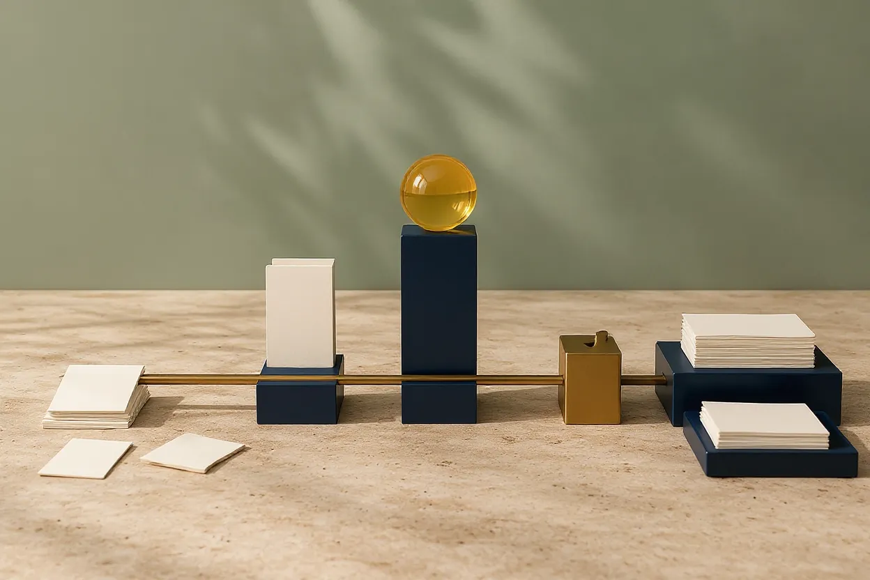 Illustration: Lose Belege laufen über eine Messingschiene durch eine Station, eine Station mit goldener Kugel und einen Kontrollpunkt zu ordentlichen Stapeln – Regeln, KI und Freigabe in einem Ablauf