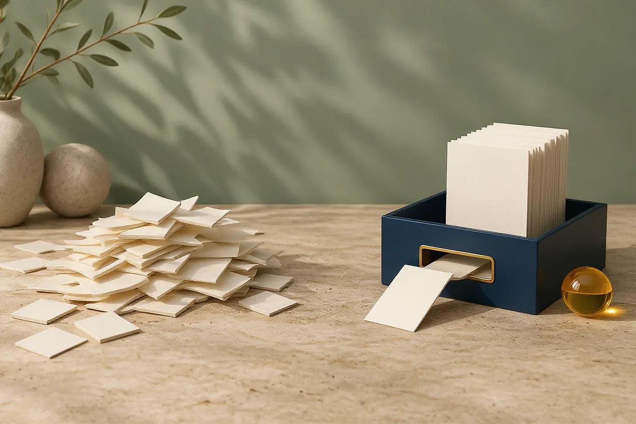 Illustration: links ein ungeordneter Belegberg, rechts eine Ablagebox mit sauber sortierten Belegen – vom Belegchaos zum Durchlauf