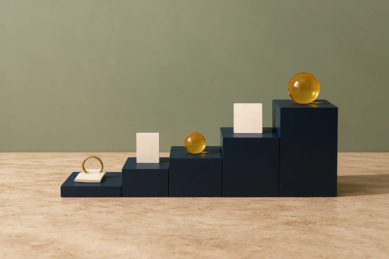 Illustration: fünf ansteigende Stufen bis zu einer goldenen Kugel – der Weg zum ersten Nutzen