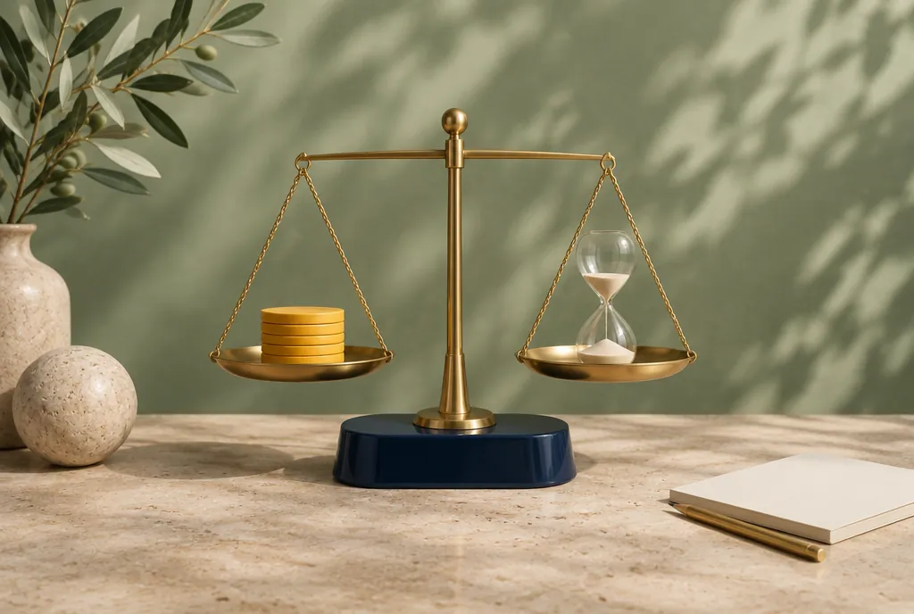 Illustration: Messingwaage mit Münzen und Sanduhr im Gleichgewicht – Kosten gegen gesparte Zeit