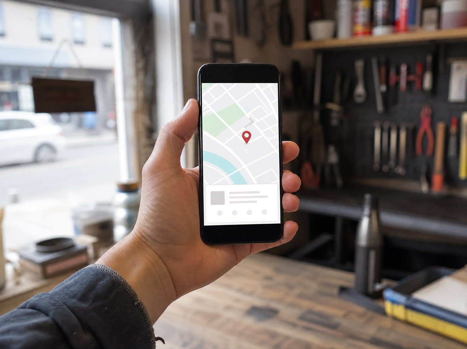Hand hält ein Smartphone mit Kartenansicht und Standortnadel in einer Werkstatt